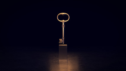Old metal key on a pedestal a black background with the main element. 3d illustration