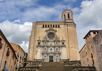 Fototapeta na wymiar Girona Cathedral facade, Catalonia, Spain