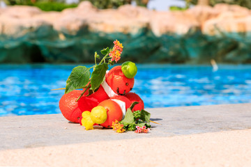 Skultur aus Obst, Blumen und Gewürzen, ein verliebtes  Paar aus Mandarinen am Pool.