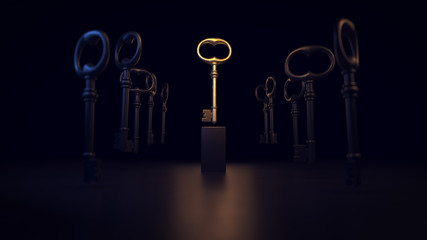 Old metal keys on a black background with the main element. 3d illustration