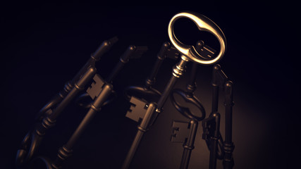 Old metal keys on a black background with the main element. 3d illustration