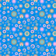 colorful modern blue and pink textured and decorated circles and stars pattern tile for creative surface design templates, textile, fabric, backgrounds, backdrops and wallpapers. the tile is seamless