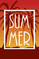Fototapeta premium Postcard with tropical landscape Summer background Palm trees silhouette. Vector illustration.