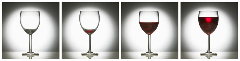 FOUR PICTURE SEQUENCE OF WINE GLASS FILLING WITH RED WINE