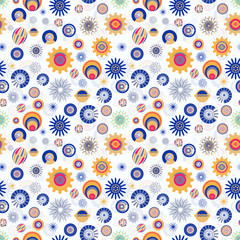Fototapeta na wymiar colorful modern blue and orange textured and decorated circles and stars pattern tile for creative surface design template, textile, fabric, backgrounds, backdrops and wallpapers. the tile is seamless