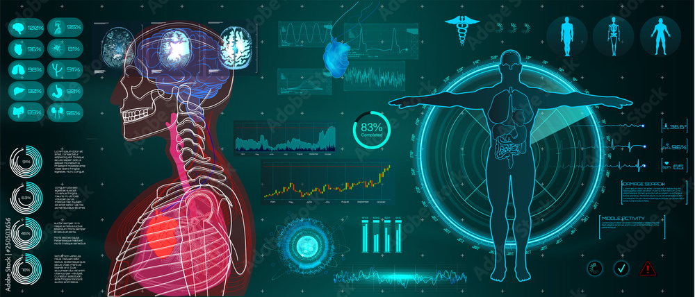 Poster A modern medical interface for monitoring human scanning and analysis, healthcare HUD style. Futuristic user interface. Abstract virtual graphical user interface for medicine. HUD for motion design. 