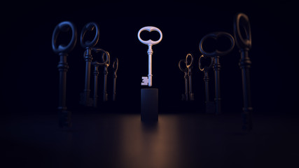 Color plastic keys on a black background with the main element. 3d illustration