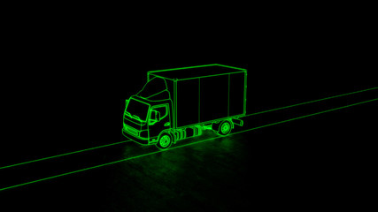 Electric truck transport aerial view line art green neon futuristic look 3d illustration