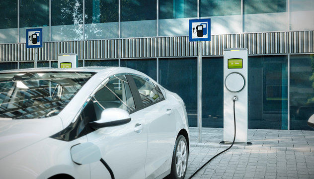 electric car charging at public charger in city 3d illustration