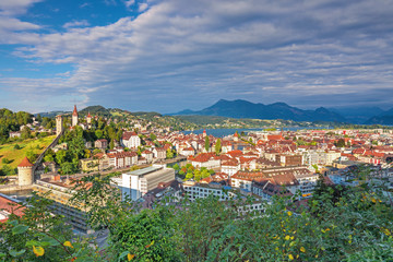 Fototapeta na wymiar Beautiful historic city center of Lucerne with famous buildings and lake Lucerne (Vierwaldstattersee), Canton of Lucerne, Switzerland