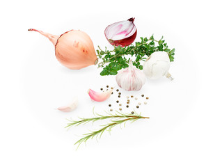 Onions and garlic on white background