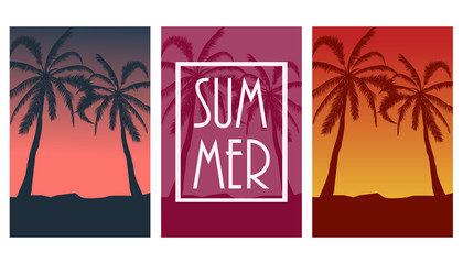 Set of postcards with tropical landscape Collection of summer backgrounds. Palm trees silhouette. Vector illustration.