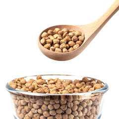 Chickpeas on glass bowl with wooden spoon on white background