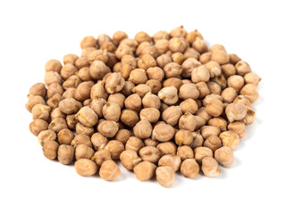 Dry raw organic chickpeas isolated on white background
