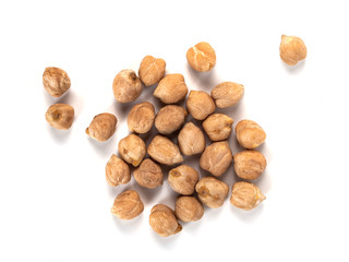 Dry raw organic chickpeas isolated on white background