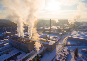 Aerial view to smoking stacks from industrial area near Pilsen. Air pollution and climate change...