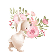 Cute watercolor baby bunny with flowers, floral wreath, bouquet