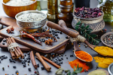 Spices and seasonings for cooking in the composition on the table