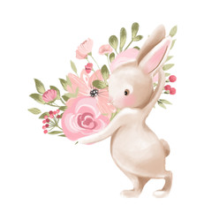 Cute watercolor baby bunny with flowers, floral wreath, bouquet