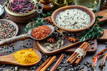 Spices and seasonings for cooking in the composition on the table