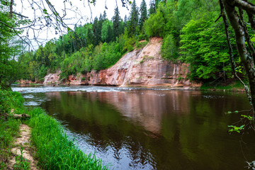 Fototapeta na wymiar sandstone cliffs on the shore of forest river