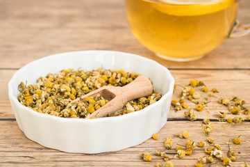 Chamomile flowers and tea in a glass on wooden background.