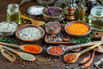 Spices and seasonings for cooking in the composition on the table