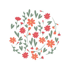 Floral hand drawn flowers arranged in circle. Isolated cartoon illustration for  book, t-shirt, textile, etc.