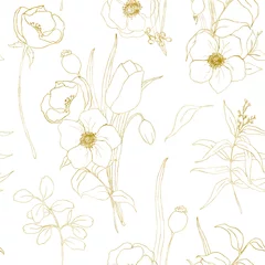 Schilderijen op glas Golden sketch anemone seamless pattern. Hand painted flowers, eucalyptus leaves and branch isolated on white background for design, print or fabric. © yuliya_derbisheva