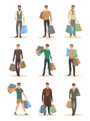 Set of isolated men with package during shopping