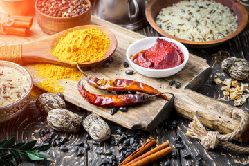 Spices and seasonings for cooking in the composition on the table