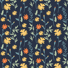 Naklejka na ściany i meble Floral hand drawn seamless color pattern. Cartoon texture with cute flowers and leaves. Floral ornament in scandinavian style. Sketch for wrapping paper, textile, background vector fill.