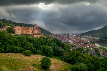 Fototapeta na wymiar Heidelberg castle with dramatic stormy sky in Germany