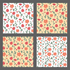 Set of hand drawn set of flowers and leaves. Vector artistic seamless patterns with florals. Sping illustration. Sketch for wrapping paper, textile.