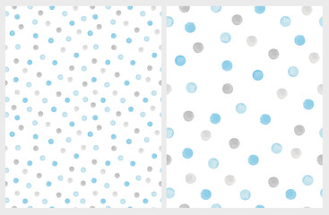 Cute Hand Drawn Abstract Brush Irregular Dots Vector Pattern Set. Gray and Blue Brush Dots on a White Backgrounds. Bright Watercolor Like Design. Simple Dotted Layout. © Magdalena