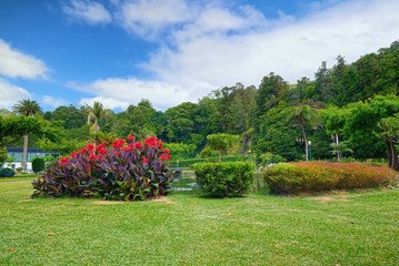 Landscape of Public Garden of Quenturas (Portuguese: Jardim das Quenturas), located in Furnas town on Sao Miguel island of Azores, Portugal.