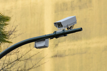 outdoor surveillance camera on the pipe