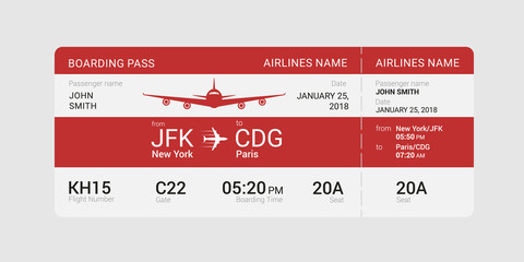 Red boarding pass isolated on a gray background. Vector illustration.