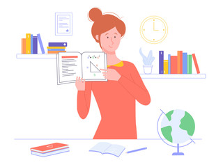 Girl teacher holds a textbook. On the table there are textbook, notebook, globe. Behind the shelf with books. Vector illustration for online courses or home schooling.