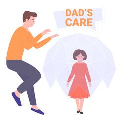 Daddy protector, a hero for his daughter. Do not give the girl a grudge. On guard of stress and resentment, ready to help. Vector illustration.