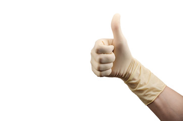 hand showing sign well excellent OK, rise thumb in sterile latex surgical glove isolated on white background