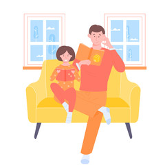 Dad and daughter are sitting on the couch. Read books together. Family evening. Winter landscape in the windows. Bright vector illustration.