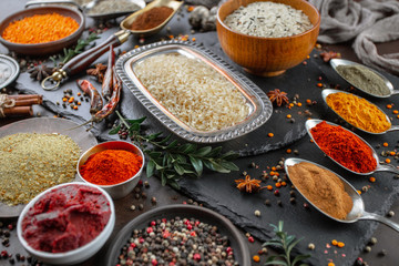 Spices and seasonings for cooking in the composition on the table