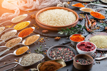 Spices and seasonings for cooking in the composition on the table