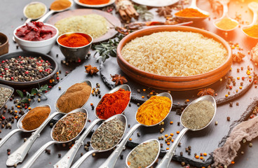 Spices and seasonings for cooking in the composition on the table