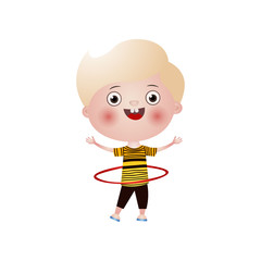 Little smiling blond boy plays hula hoop isolated on white background