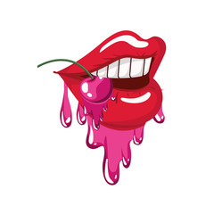 female mouth dripping with cherry fruit