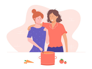 Girls in love cook in the kitchen. Taking care of a friend, hugging, cooking soup. Vector illustration.