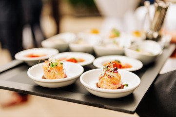 Salmon tatrare in small plates, catering event, banquet food