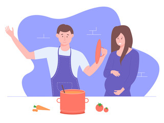 Family of two in the kitchen. Pregnant wife, husband prepares food. Man cares for a woman. Vector illustration on bright background.